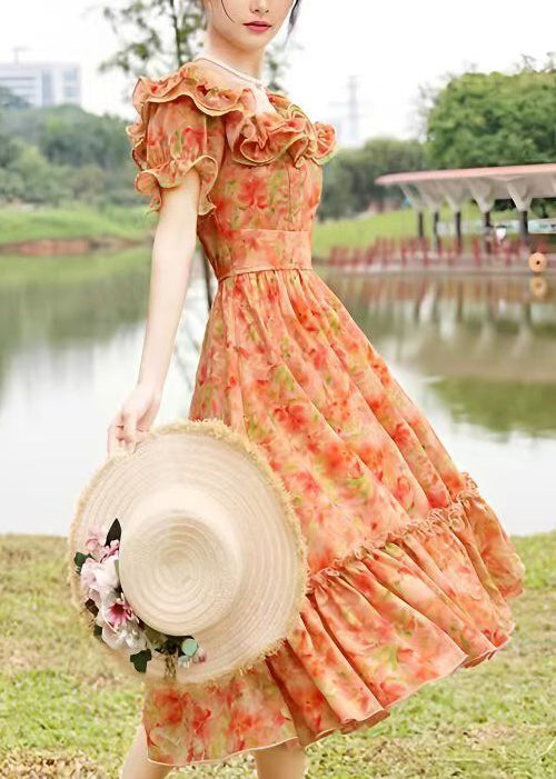 French Orange Ruffled Floral Print Chiffon Dress Summer