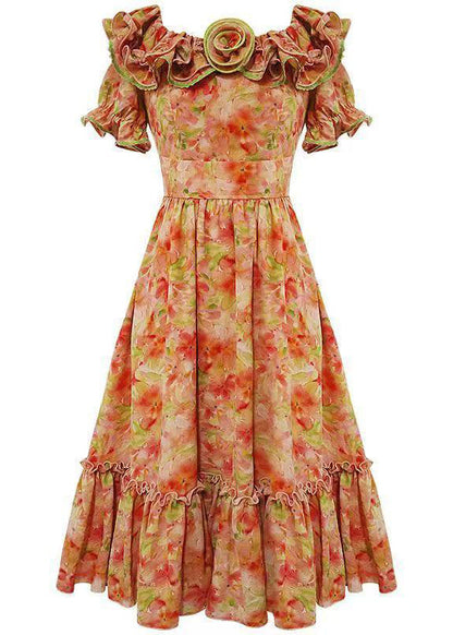 French Orange Ruffled Floral Print Chiffon Dress Summer