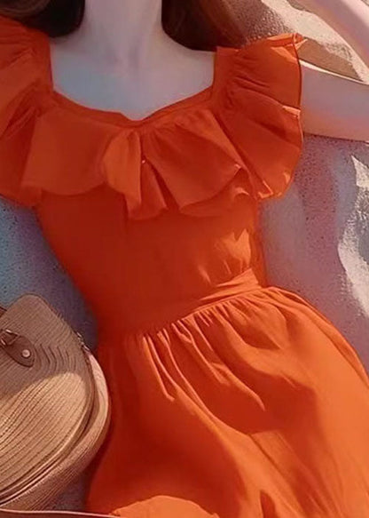 French Orange Ruffled Square Collar Chiffon Long Dress Summer