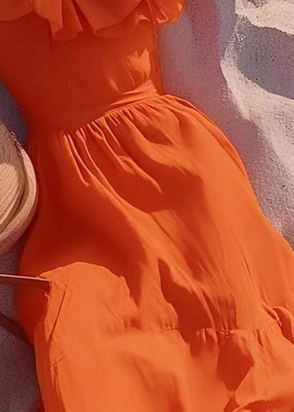 French Orange Ruffled Square Collar Chiffon Long Dress Summer
