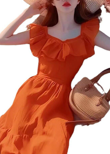 French Orange Ruffled Square Collar Chiffon Long Dress Summer
