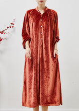 Load image into Gallery viewer, French Orange Stand Collar Silk Velvet Long Dresses Fall
