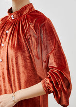 Load image into Gallery viewer, French Orange Stand Collar Silk Velvet Long Dresses Fall
