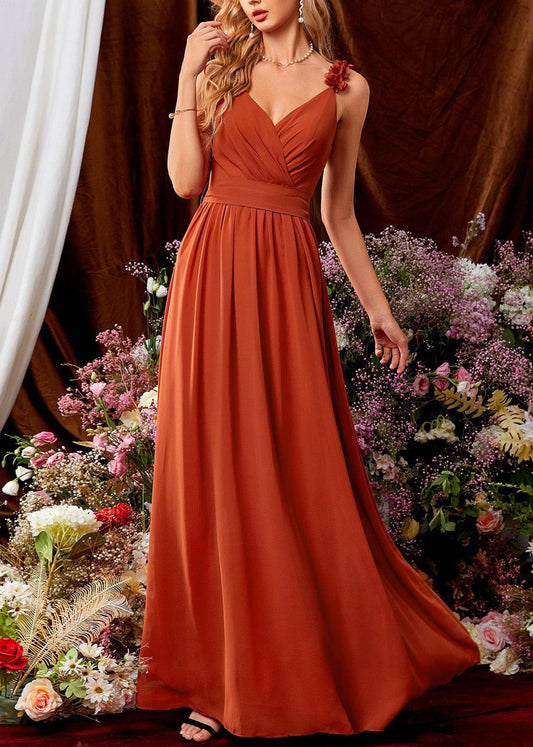 French Orange V Neck Floral Tie Waist Cotton Spaghetti Strap Dress Sleeveless