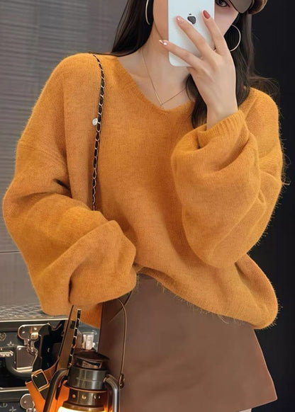 French Orange V Neck Knit Sweaters Top Spring