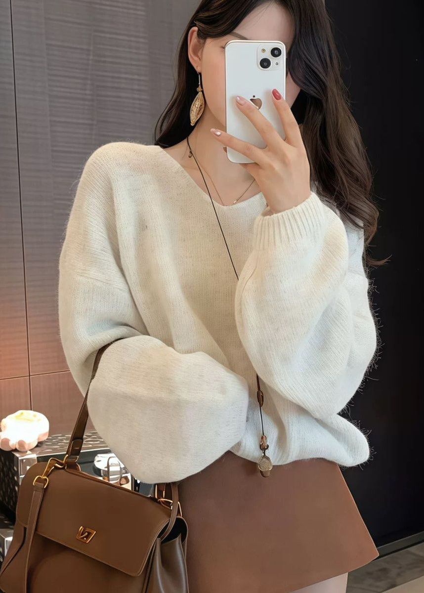 French Orange V Neck Knit Sweaters Top Spring