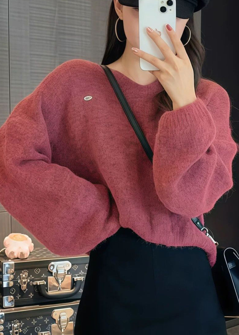 French Orange V Neck Knit Sweaters Top Spring