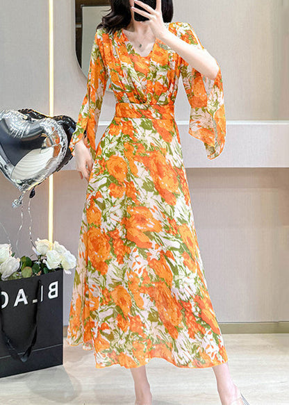 French Orange V Neck Print Chiffon Dress Flare Sleeve
