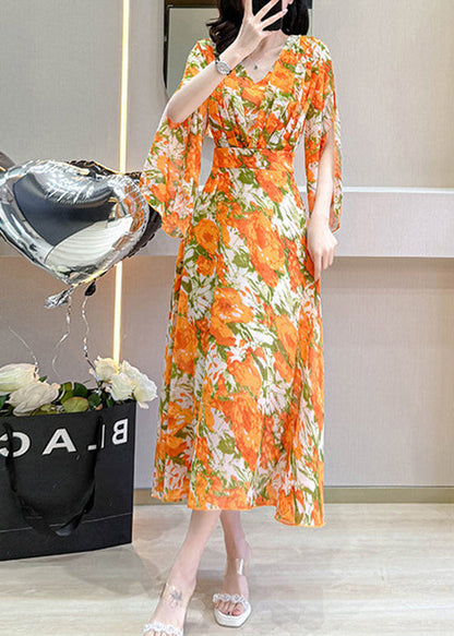 French Orange V Neck Print Chiffon Dress Flare Sleeve