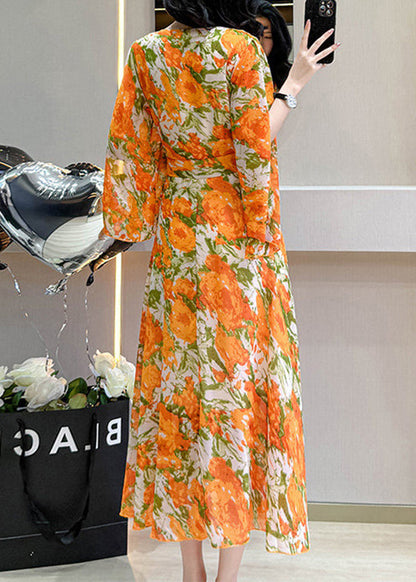 French Orange V Neck Print Chiffon Dress Flare Sleeve