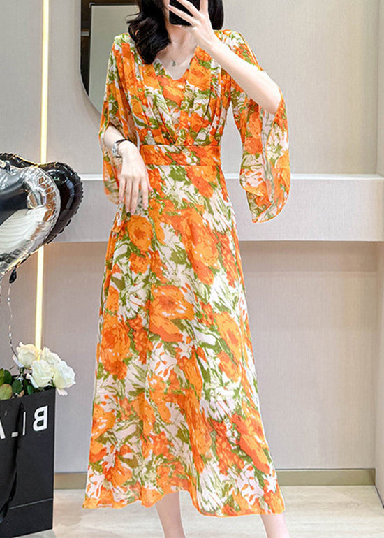 French Orange V Neck Print Chiffon Dress Flare Sleeve