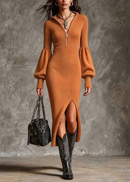 French Orange Zip Up Side Open Knit Ankle Dress Lantern Sleeve