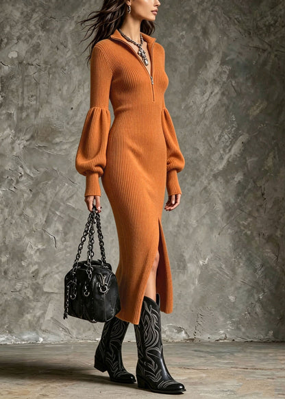 French Orange Zip Up Side Open Knit Ankle Dress Lantern Sleeve