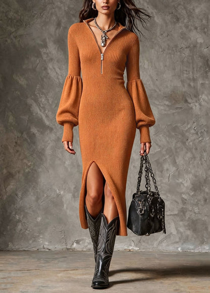 French Orange Zip Up Side Open Knit Ankle Dress Lantern Sleeve