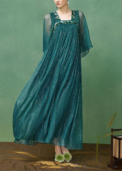 French Peacock Blue Square Collar Embroidered Silk Long Dress Set Summer