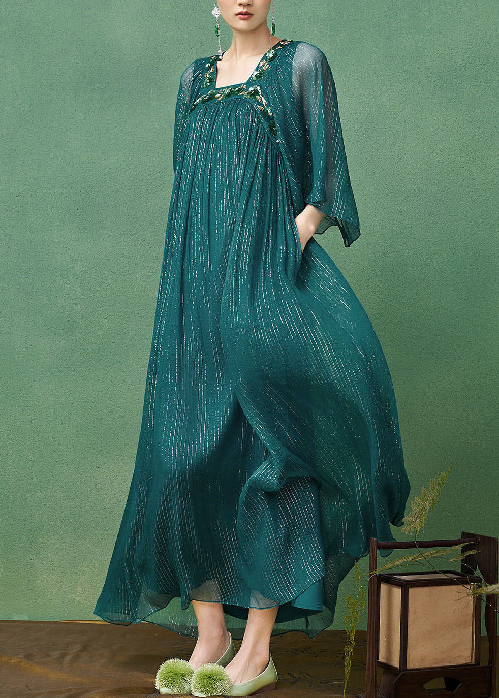 French Peacock Blue Square Collar Embroidered Silk Long Dress Set Summer