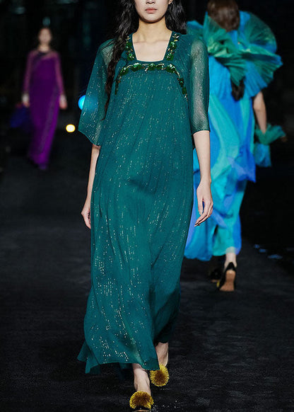 French Peacock Blue Square Collar Embroidered Silk Long Dress Set Summer