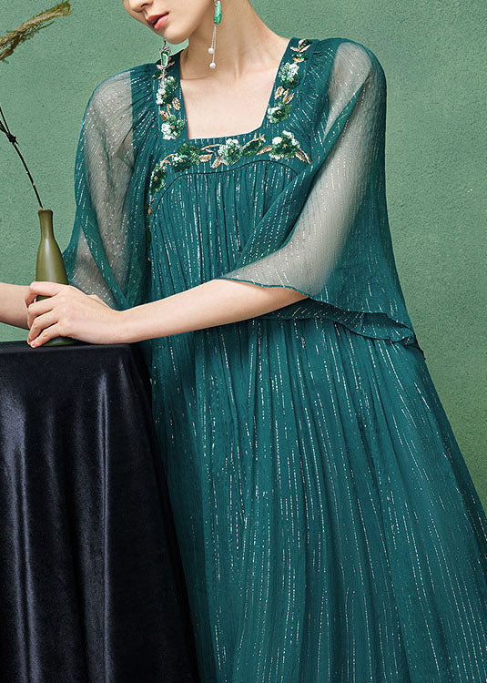 French Peacock Blue Square Collar Embroidered Silk Long Dress Set Summer