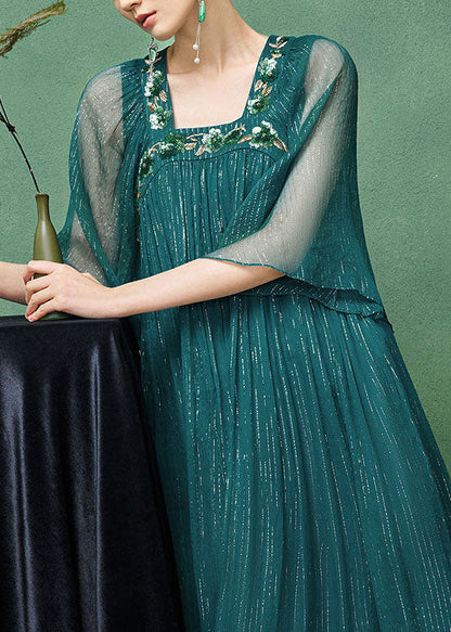 French Peacock Blue Square Collar Embroidered Silk Long Dress Set Summer