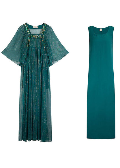 French Peacock Blue Square Collar Embroidered Silk Long Dress Set Summer