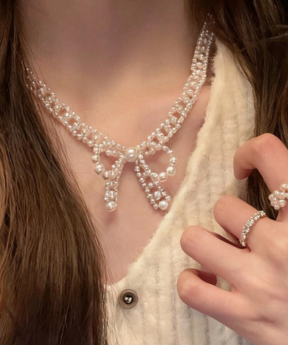 French Pearl Bow Sweater Necklace And Bracelet Set