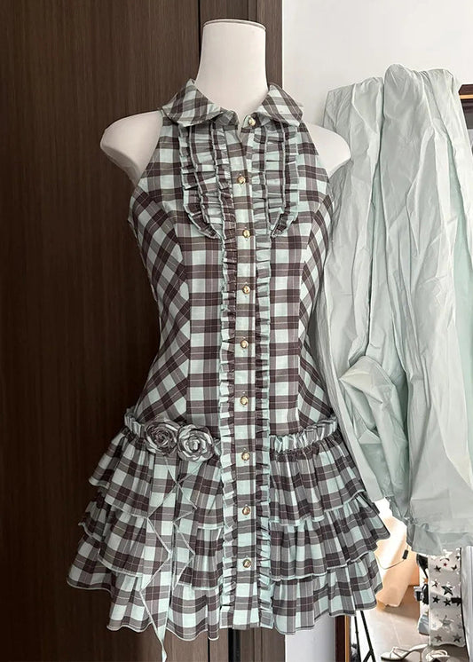 French Peter Pan Collar Plaid Ruffled Cotton Mid Dress Sleeveless
