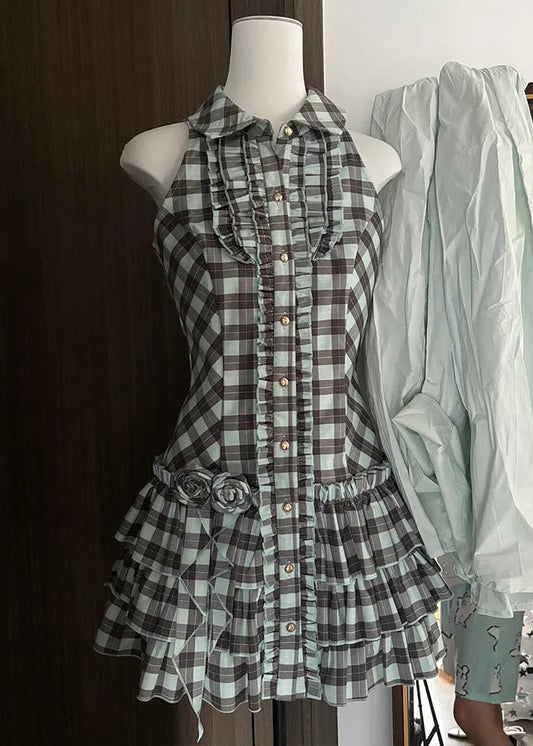 French Peter Pan Collar Plaid Ruffled Cotton Mid Dress Sleeveless