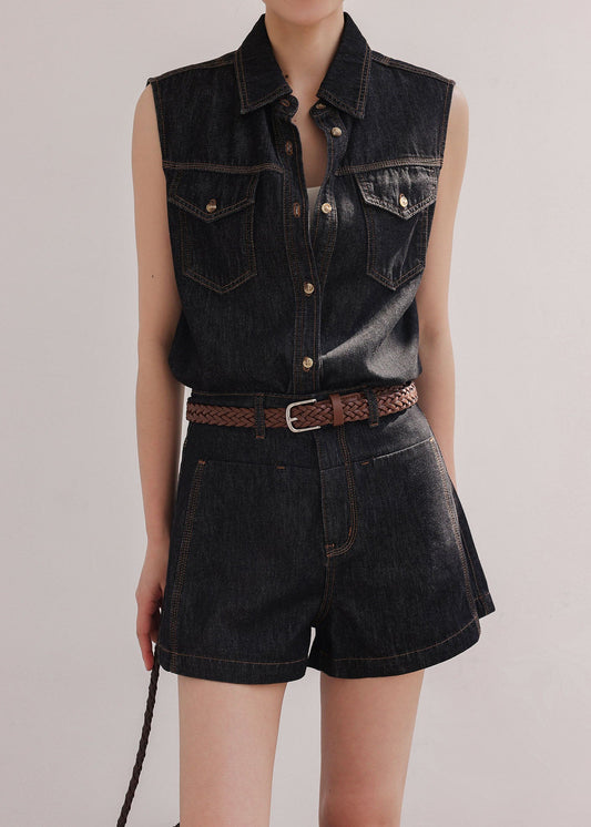 French Peter Pan Collar Vest Top And Shorts Denim Two Pieces Set Sleeveless