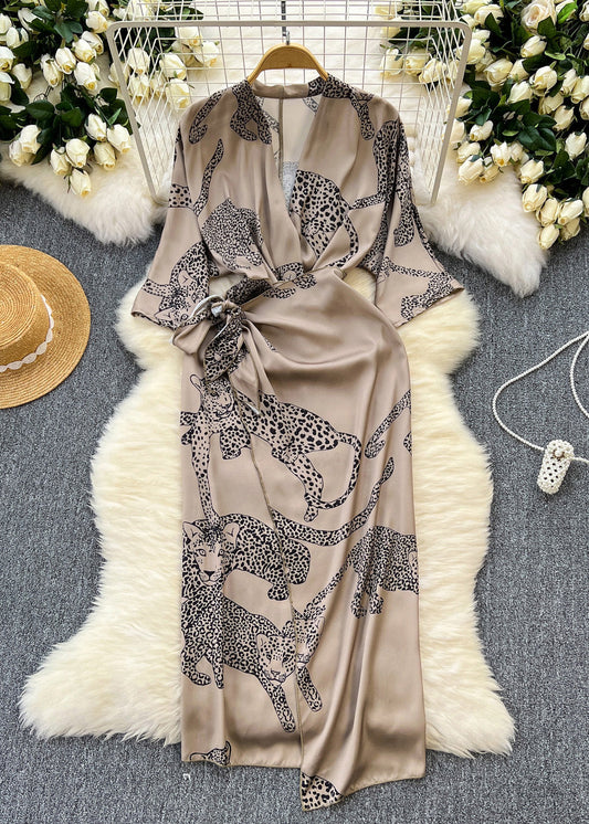 French Photo Color Print Lace Up Silk Dress Half Sleeve