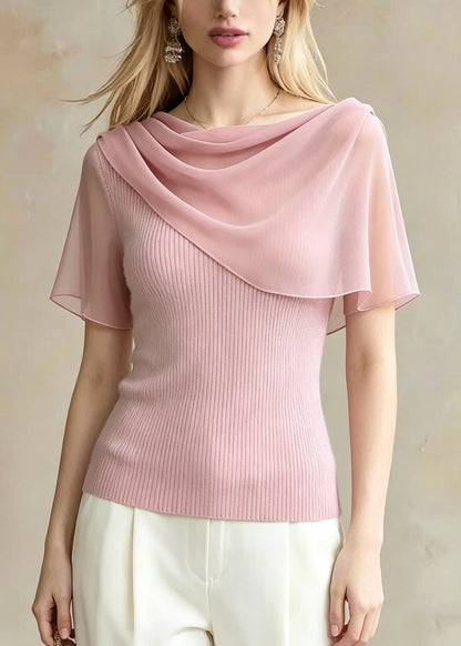 French Pink Asymmetrical Patchwork Knit Top Summer