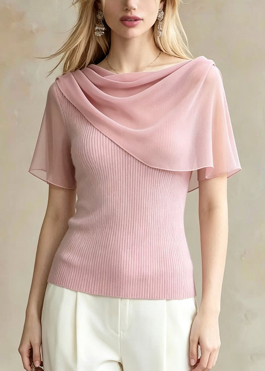 French Pink Asymmetrical Patchwork Knit Top Summer