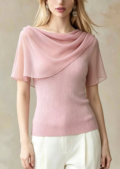 French Pink Asymmetrical Patchwork Knit Top Summer