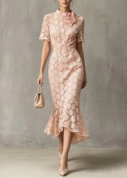 French Pink Bow Asymmetrical Design Patchwork Lace Dresses Summer