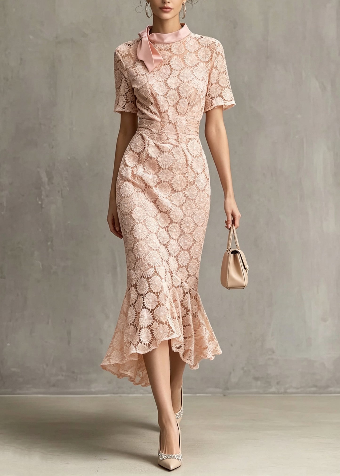 French Pink Bow Asymmetrical Design Patchwork Lace Dresses Summer