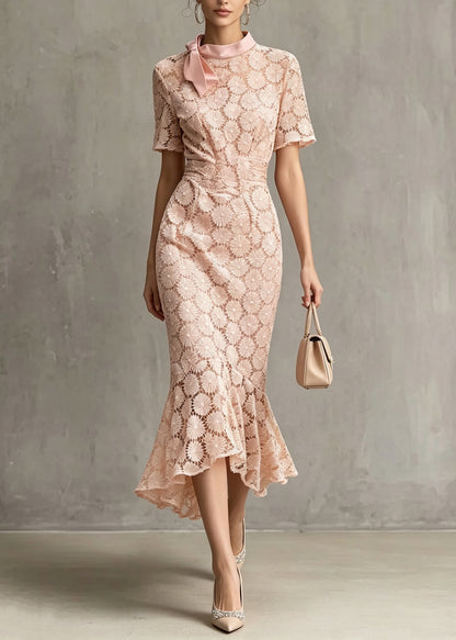 French Pink Bow Asymmetrical Design Patchwork Lace Dresses Summer