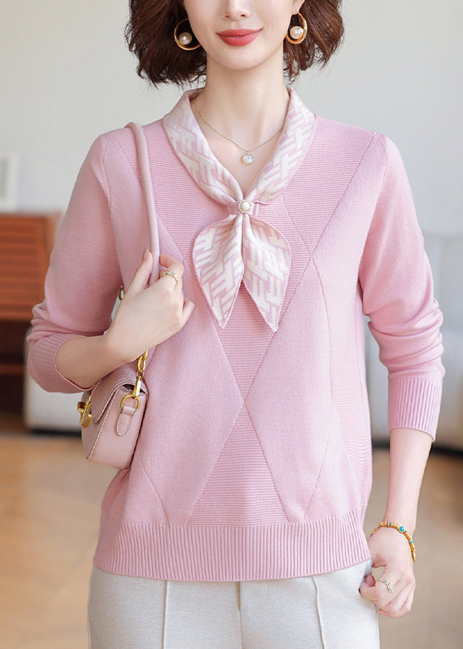French Pink Bow Striped Knit Pullover Winter