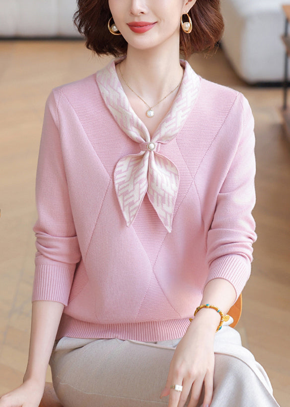 French Pink Bow Striped Knit Pullover Winter