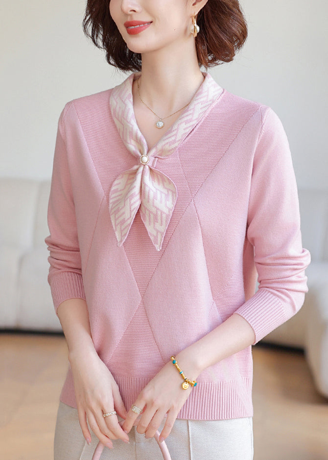 French Pink Bow Striped Knit Pullover Winter