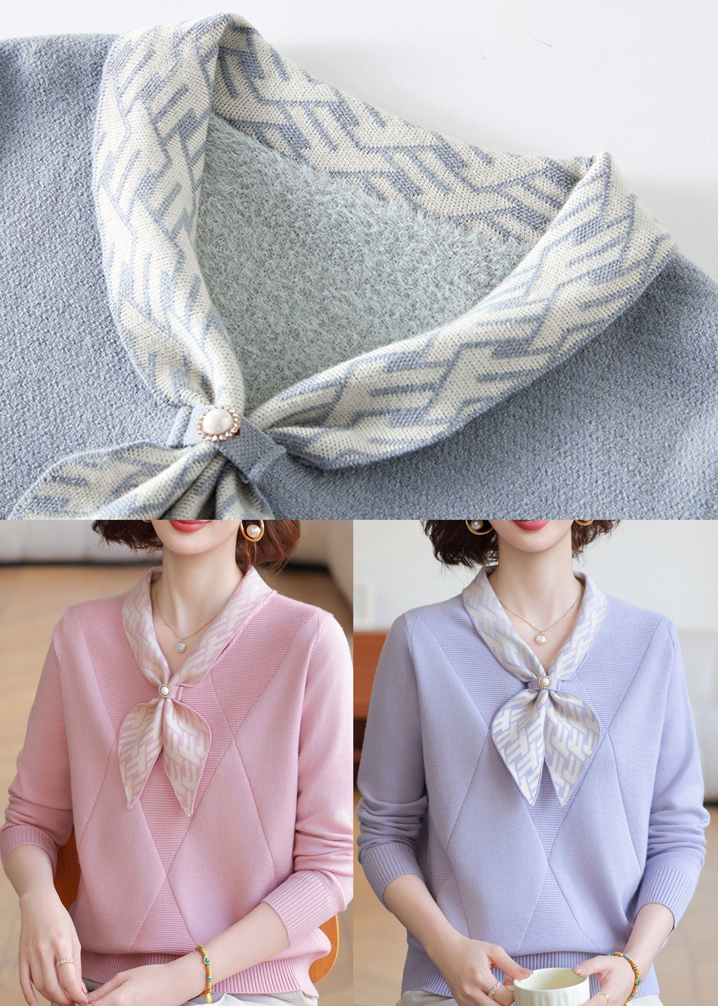 French Pink Bow Striped Knit Pullover Winter