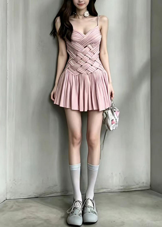 French Pink Braided Spaghetti Strap Dress Summer