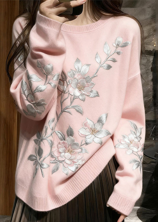 French Pink Embroidered Floral Knit Cozy Sweaters Winter