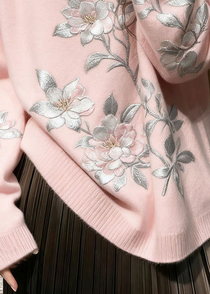 French Pink Embroidered Floral Knit Cozy Sweaters Winter