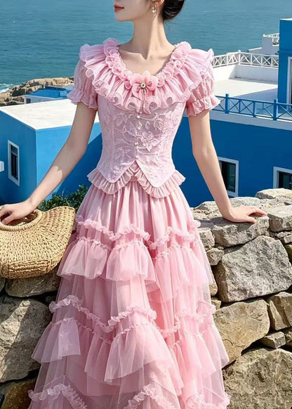French Pink Embroidered Ruffled Lace Two Pieces Set Summer