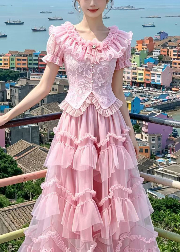 French Pink Embroidered Ruffled Lace Two Pieces Set Summer