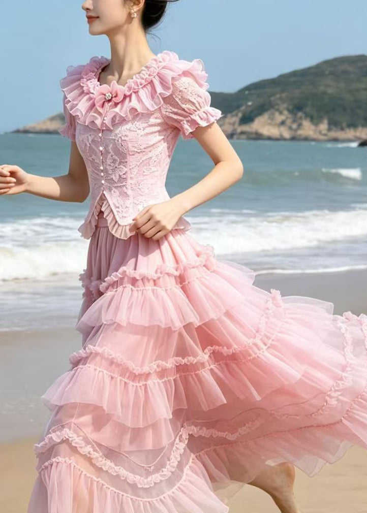 French Pink Embroidered Ruffled Lace Two Pieces Set Summer