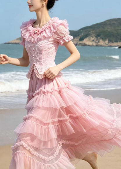 French Pink Embroidered Ruffled Lace Two Pieces Set Summer