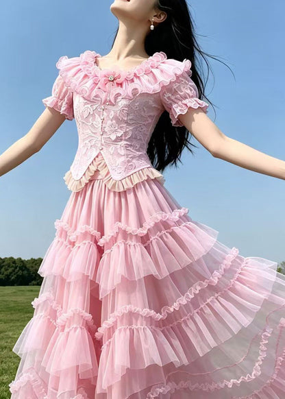 French Pink Embroidered Ruffled Lace Two Pieces Set Summer