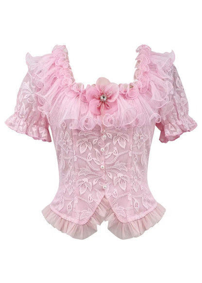 French Pink Embroidered Ruffled Lace Two Pieces Set Summer