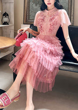 Load image into Gallery viewer, French Pink Embroidered Ruffled Patchwork Tulle Dresses Summer