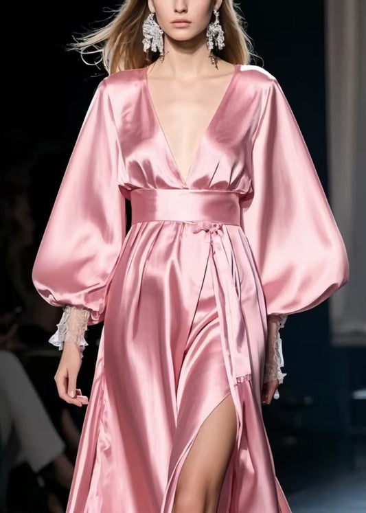 French Pink Exra Large Hem Side Open Silk Party Dresses Spring